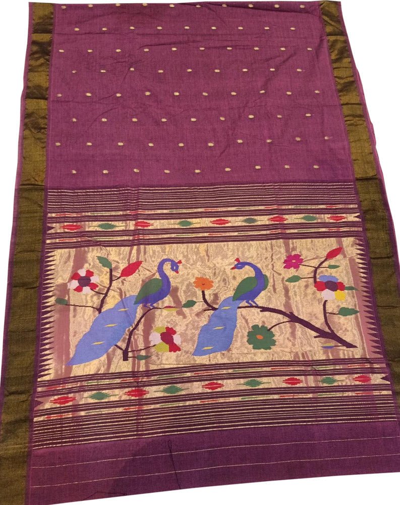 Purple Handloom Paithani Pure Cotton Saree - Luxurion World