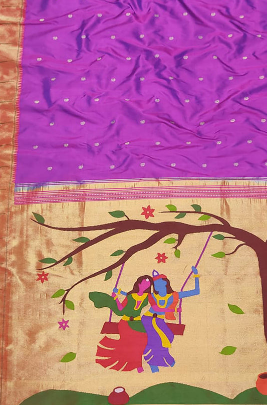 Purple Handloom Paithani Pure Silk Muniya Border Radha Krishna Design Saree - Luxurion World