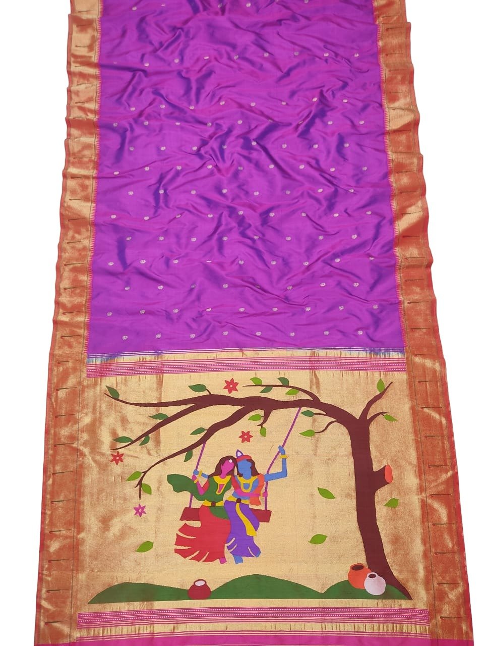 Purple Handloom Paithani Pure Silk Muniya Border Radha Krishna Design Saree - Luxurion World