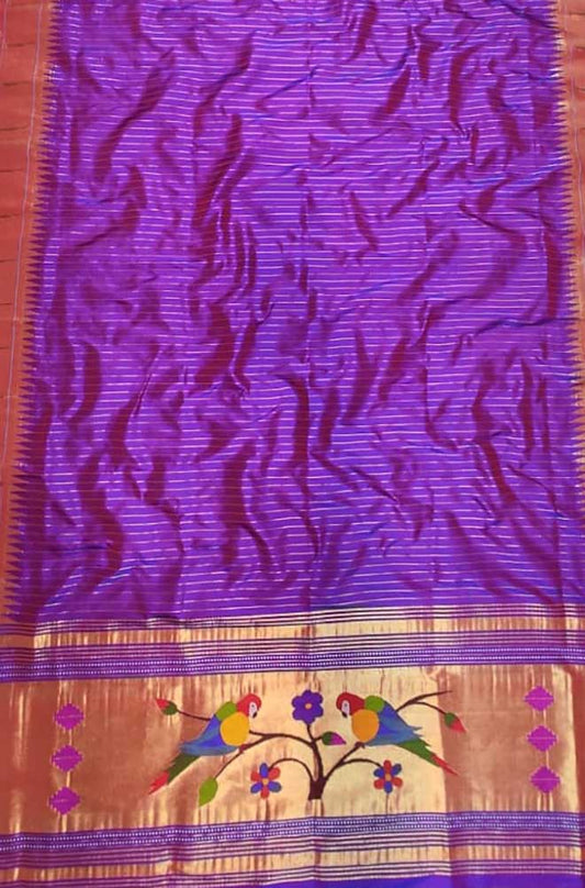 Purple Handloom Paithani Pure Silk Single Muniya Border Parrot Design Dupatta - Luxurion World