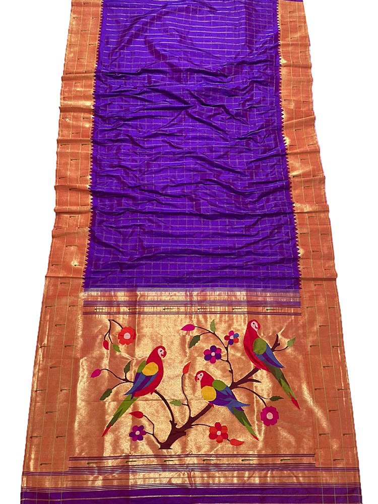 Purple Handloom Paithani Pure Silk Triple Muniya Border Checks Design Saree - Luxurion World