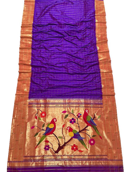 Purple Handloom Paithani Pure Silk Triple Muniya Border Checks Design Saree - Luxurion World