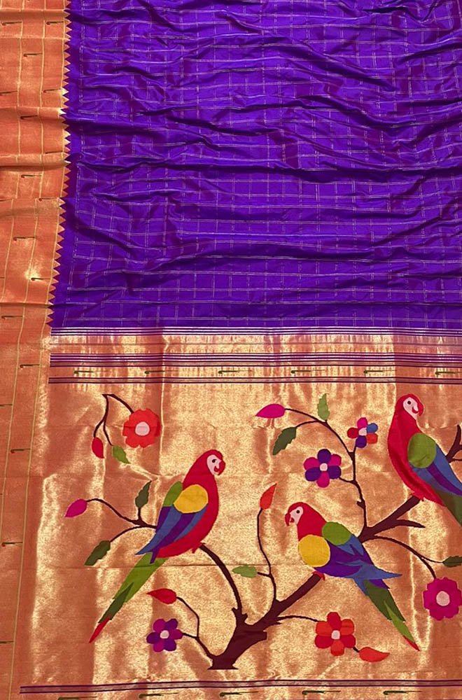 Purple Handloom Paithani Pure Silk Triple Muniya Border Checks Design Saree - Luxurion World