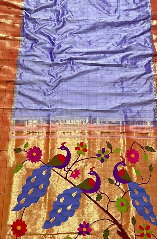 Purple Handloom Paithani Pure Silk Triple Muniya Border Checks Design Saree - Luxurion World