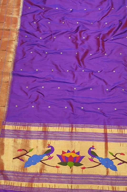 Purple Handloom Paithani Pure Silk Triple Muniya Border Dupatta - Luxurion World