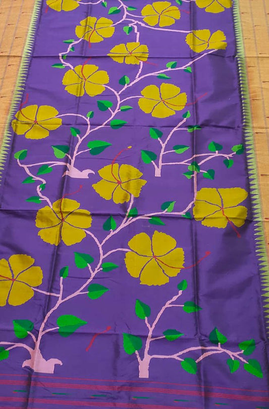 Purple Handloom Paithani Pure Silk Tripple Muniya Dupatta - Luxurion World