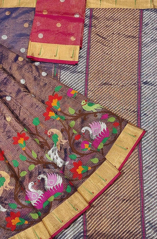 Purple Handloom Tissue Kota Doria Real Zari Saree - Luxurion World