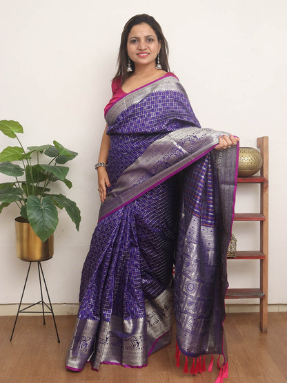 Elegant Blue Kanjeevaram Silk Checks Saree: Traditional Charm with a Modern Twist - Luxurion World
