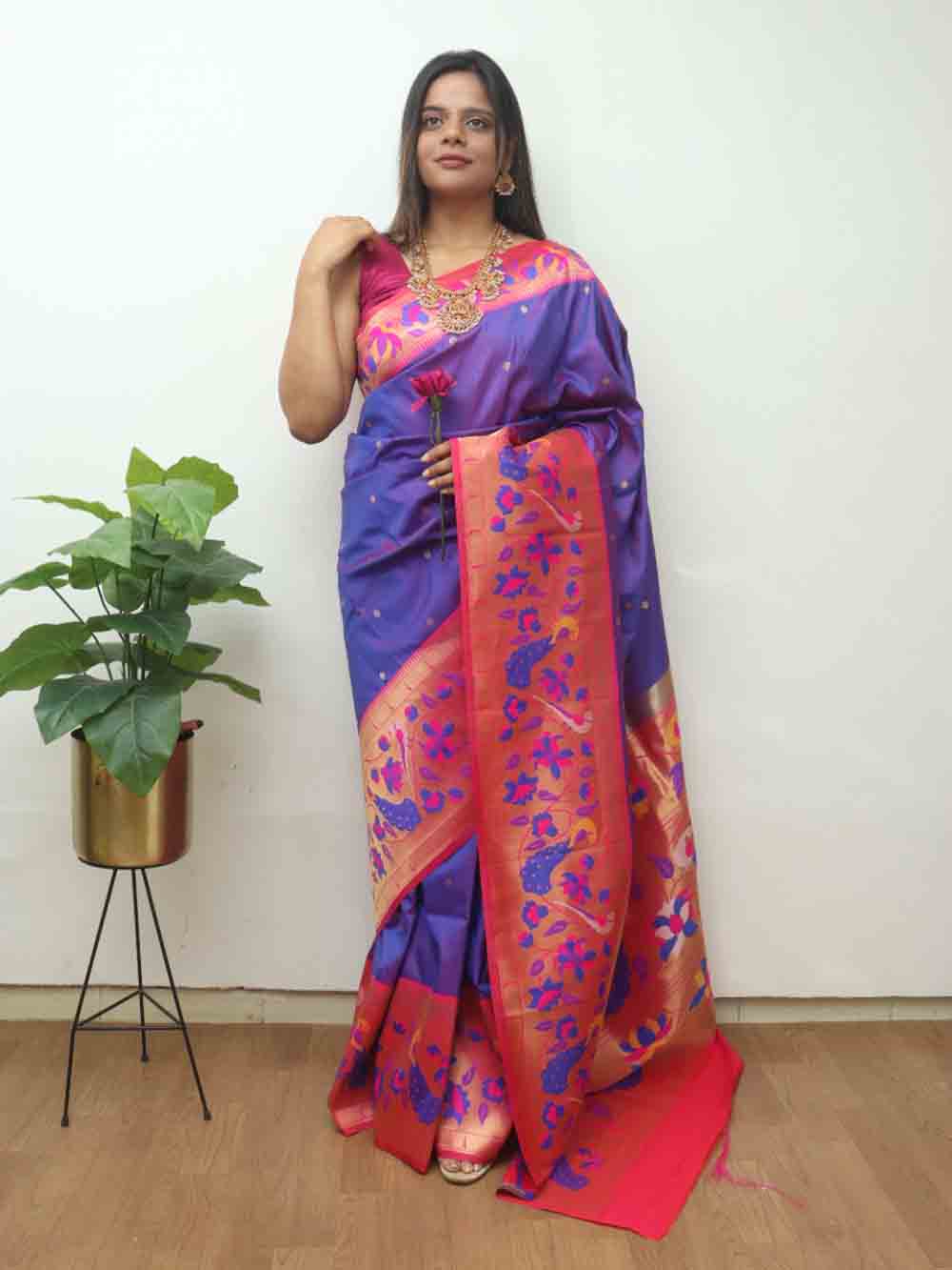 Purple Paithani Silk Bird And Flower Design Saree - Luxurion World