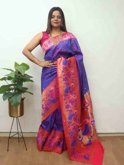 Purple Paithani Silk Bird And Flower Design Saree Luxurionworld