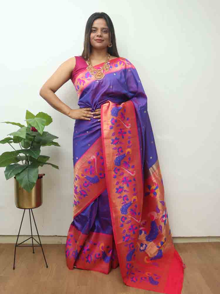 Purple Paithani Silk Bird And Flower Design Saree - Luxurion World
