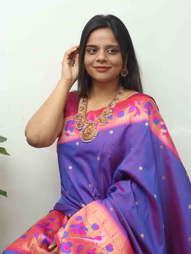 Purple Paithani Silk Bird And Flower Design Saree - Luxurion World