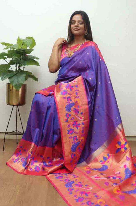 Purple Paithani Silk Bird And Flower Design Saree - Luxurion World