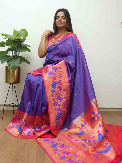 Purple Paithani Silk Bird And Flower Design Saree Luxurionworld