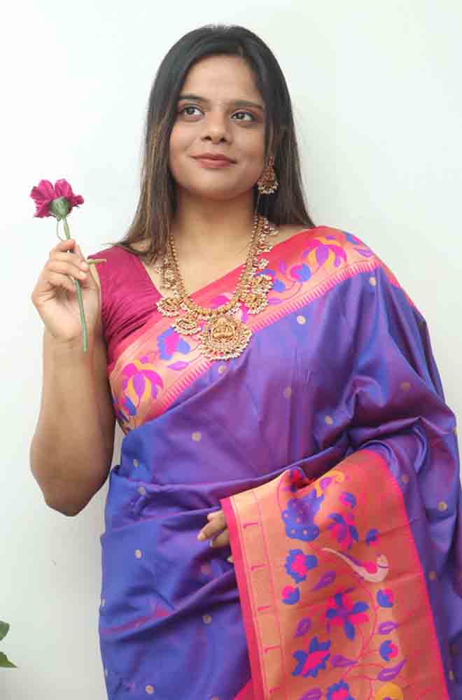 Purple Paithani Silk Bird And Flower Design Saree - Luxurion World