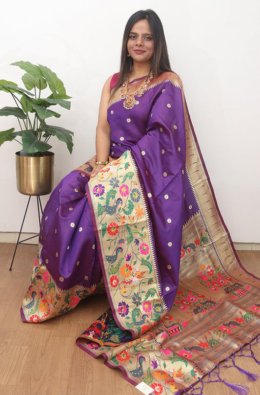 Purple Paithani Silk Flower And Bird Design Saree - Luxurion World