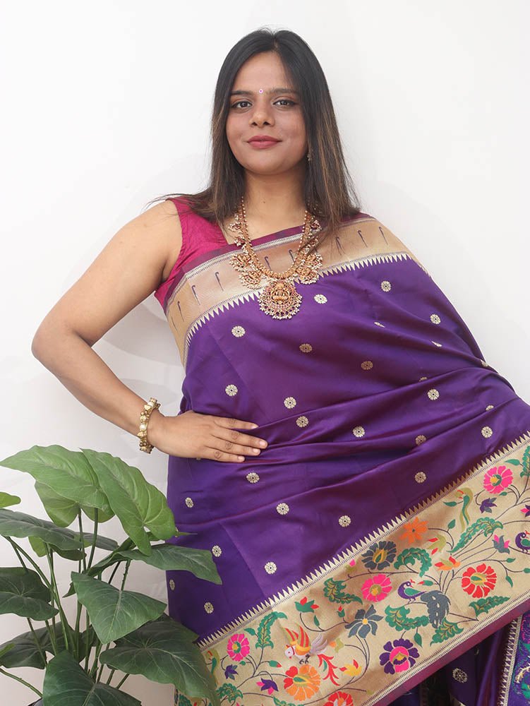 Purple Paithani Silk Flower And Bird Design Saree