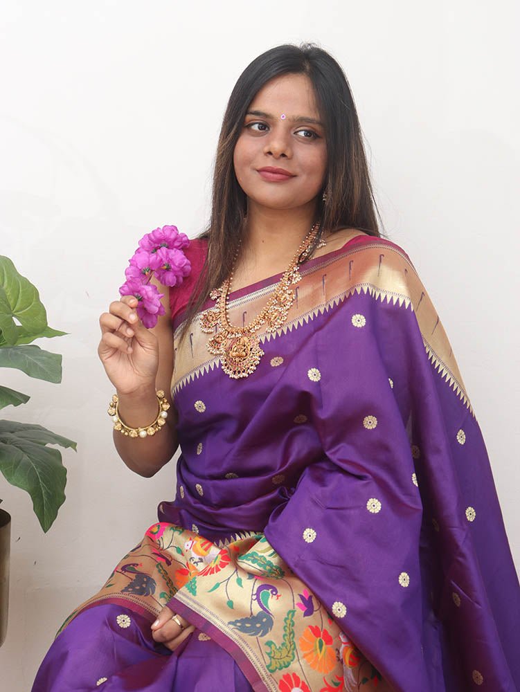 Purple Paithani Silk Flower And Bird Design Saree Luxurionworld