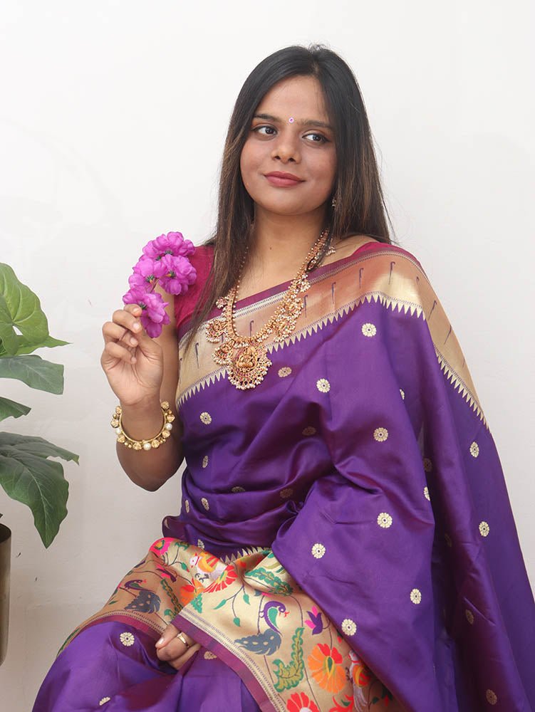 Purple Paithani Silk Flower And Bird Design Saree - Luxurion World