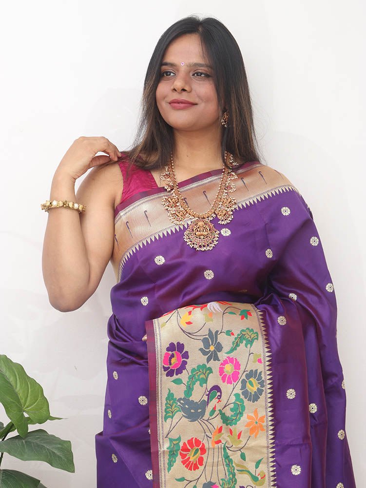 Purple Paithani Silk Flower And Bird Design Saree - Luxurion World