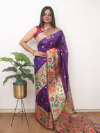 Purple Paithani Silk Flower And Bird Design Saree - Luxurion World
