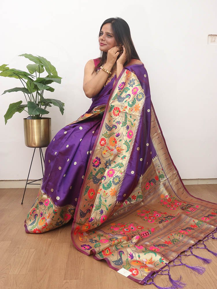 Purple Paithani Silk Flower And Bird Design Saree - Luxurion World