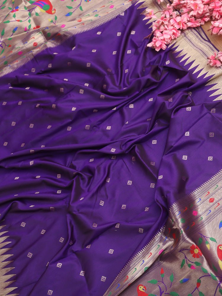 Purple Paithani Silk Parrot And Floral Design Dupatta - Luxurion World