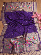 Purple Paithani Silk Parrot And Floral Design Dupatta - Luxurion World