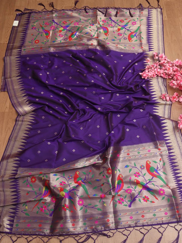 Purple Paithani Silk Parrot And Floral Design Dupatta - Luxurion World