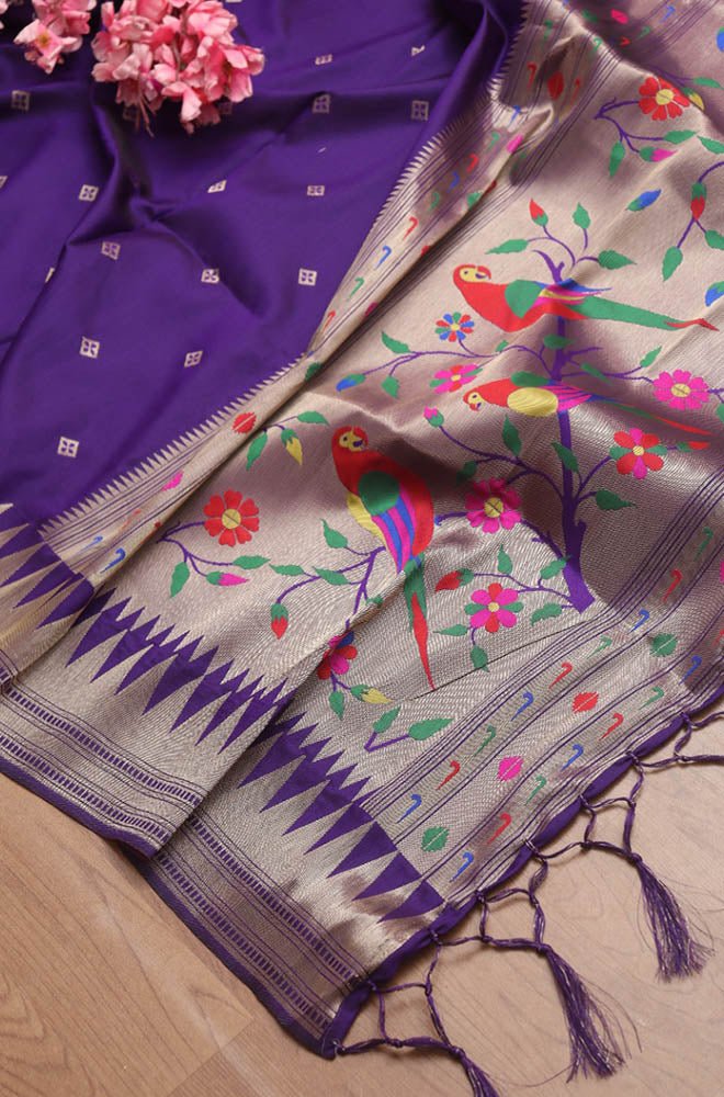 Purple Paithani Silk Parrot And Floral Design Dupatta - Luxurion World