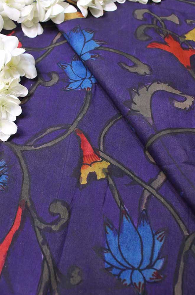 Purple Pen Kalamkari Pure Silk Fabric ( 1 Mtr ) - Luxurion World