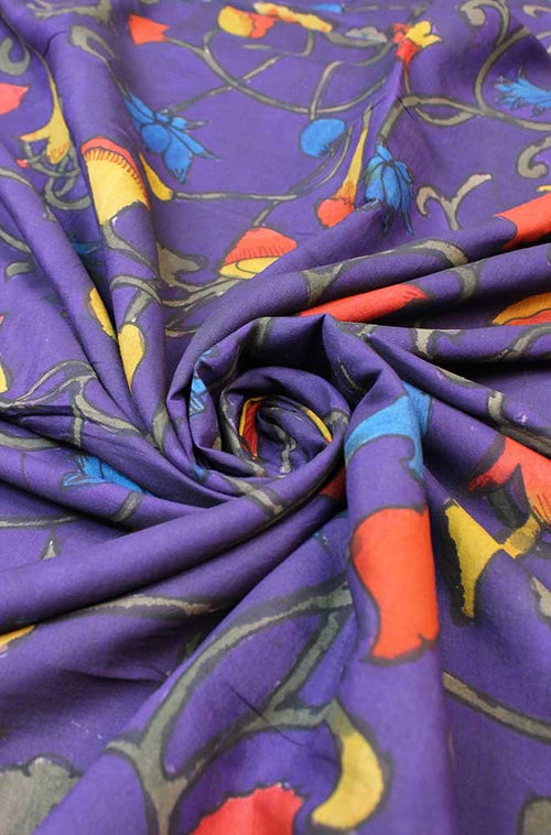 Purple Pen Kalamkari Pure Silk Fabric ( 1 Mtr ) - Luxurion World