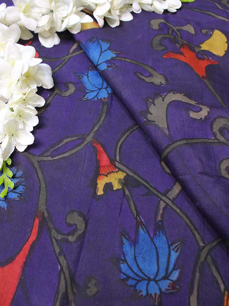 Purple Pen Kalamkari Pure Silk Fabric ( 1 Mtr ) - Luxurion World