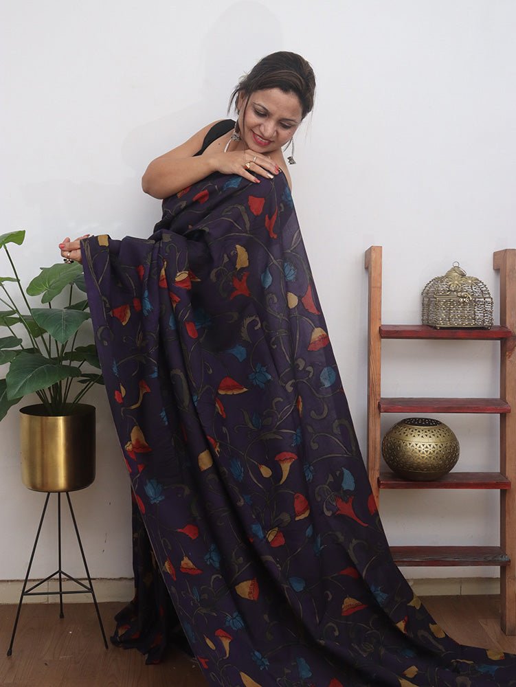 Purple Pen Kalamkari Pure Silk Saree - Luxurion World