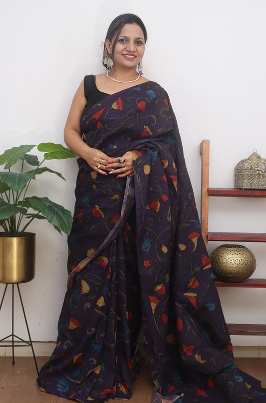 Purple Pen Kalamkari Pure Silk Saree - Luxurion World