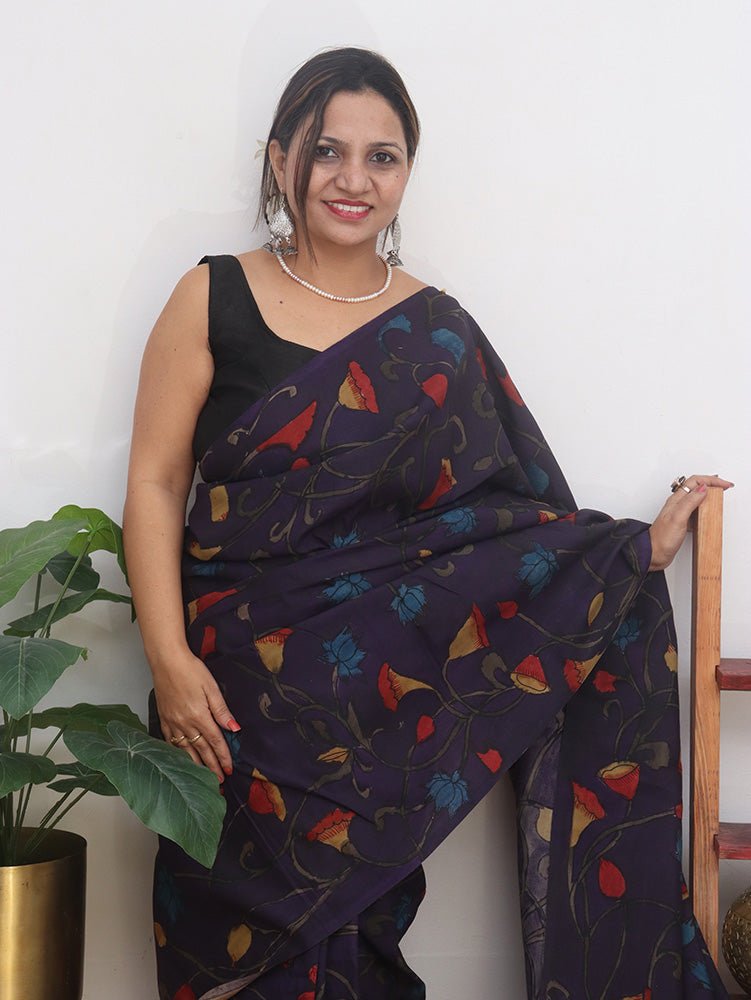 Purple Pen Kalamkari Pure Silk Saree - Luxurion World