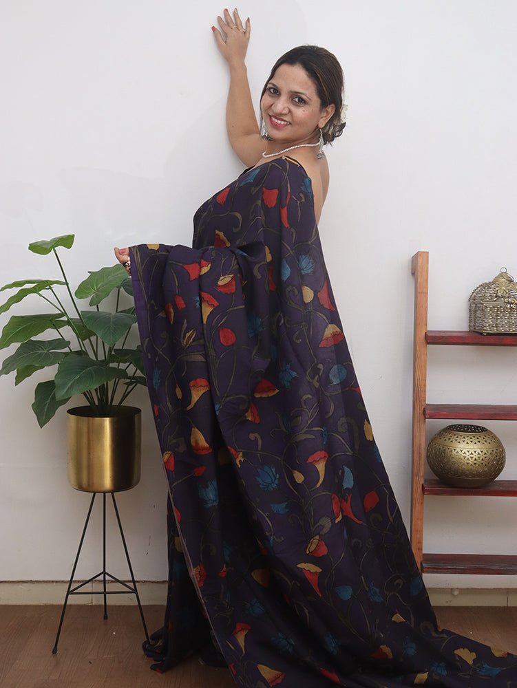 Purple Pen Kalamkari Pure Silk Saree - Luxurion World