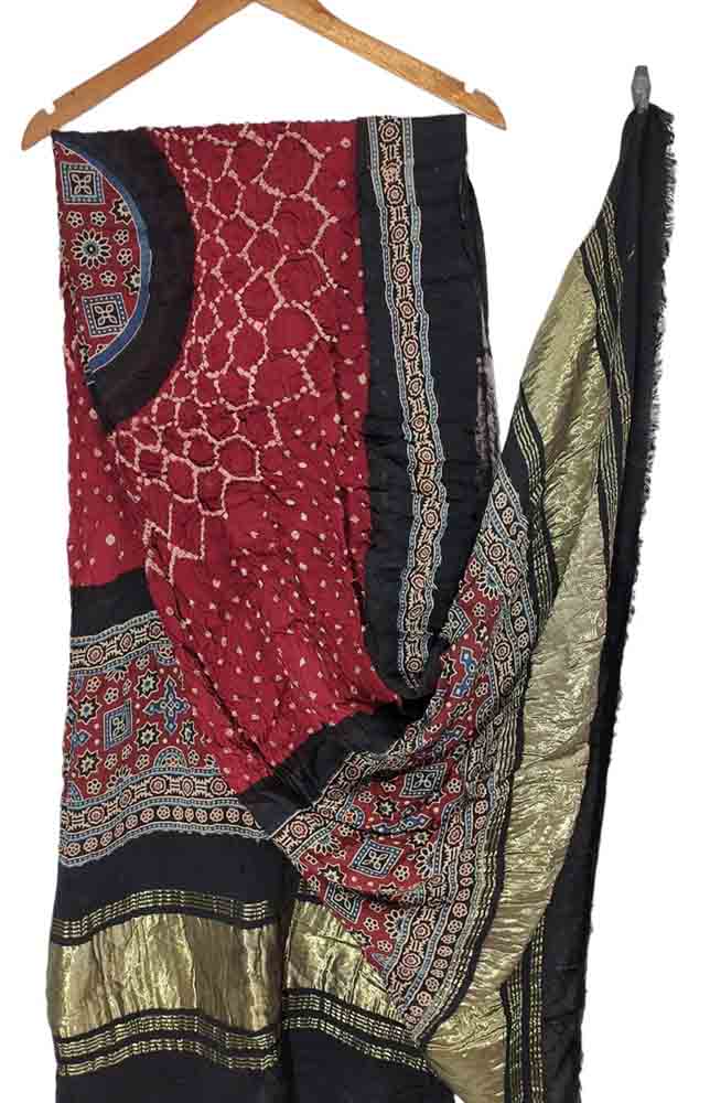 Red Ajrakh Bandhani Pure Modal Silk Tissue Border Dupatta - Luxurion World
