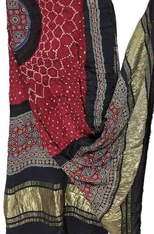 Red Ajrakh Bandhani Pure Modal Silk Tissue Border Dupatta - Luxurion World