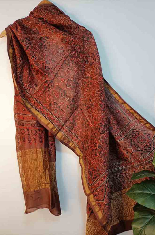 Red Ajrakh Block Printed Chanderi Silk Tissue Border Dupatta - Luxurion World