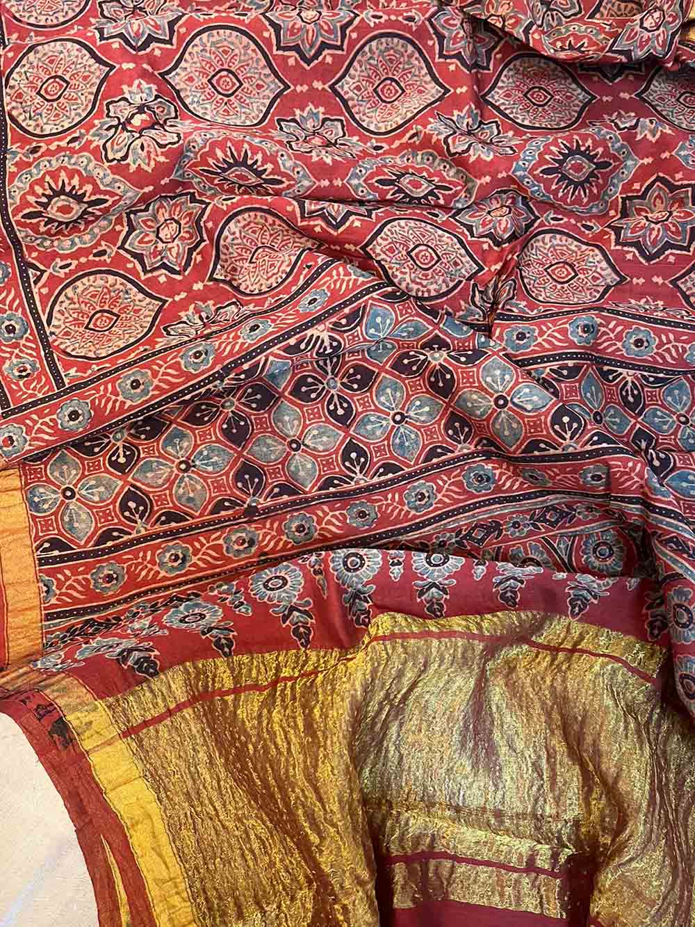 Red Ajrakh Block Printed Chanderi Silk Tissue Border Dupatta - Luxurion World
