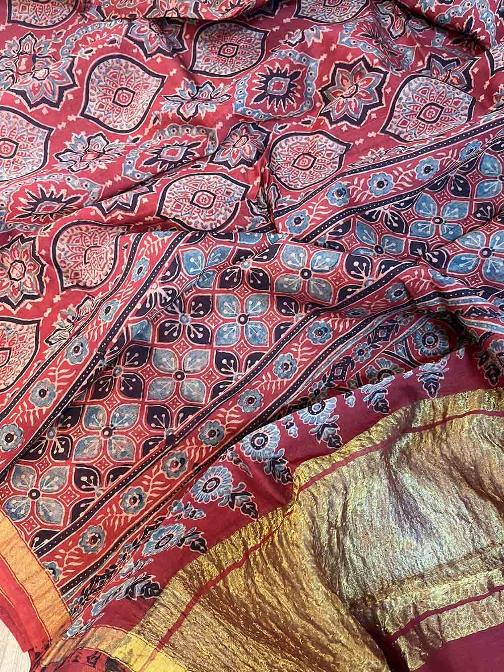 Red Ajrakh Block Printed Chanderi Silk Tissue Border Dupatta