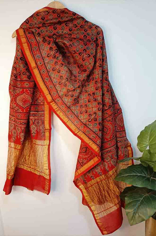 Red Ajrakh Block Printed Chanderi Silk Tissue Border Dupatta - Luxurion World