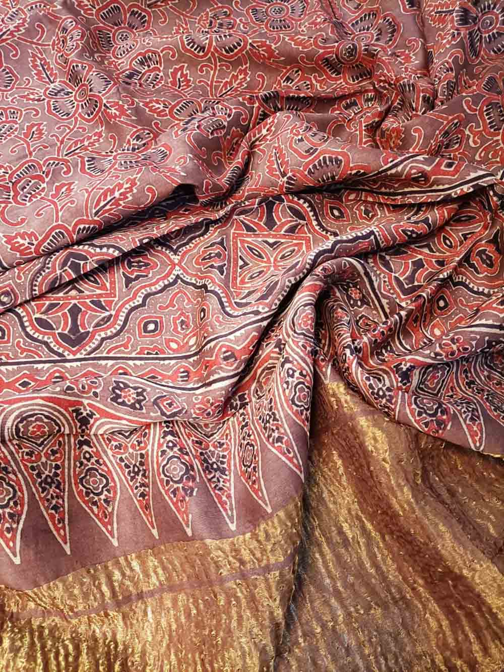 Red Ajrakh Block Printed Chanderi Silk Tissue Border Dupatta - Luxurion World