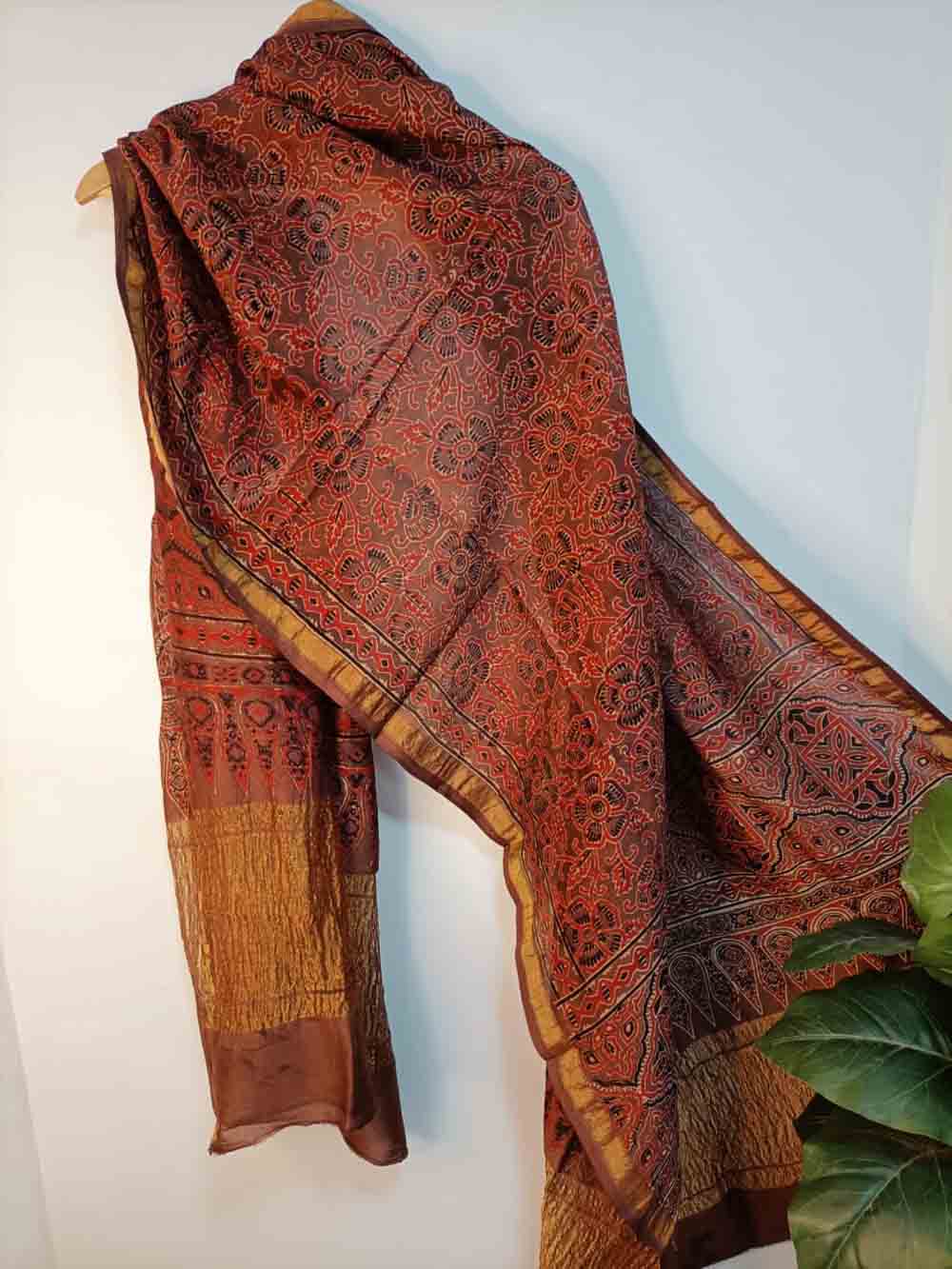 Red Ajrakh Block Printed Chanderi Silk Tissue Border Dupatta - Luxurion World