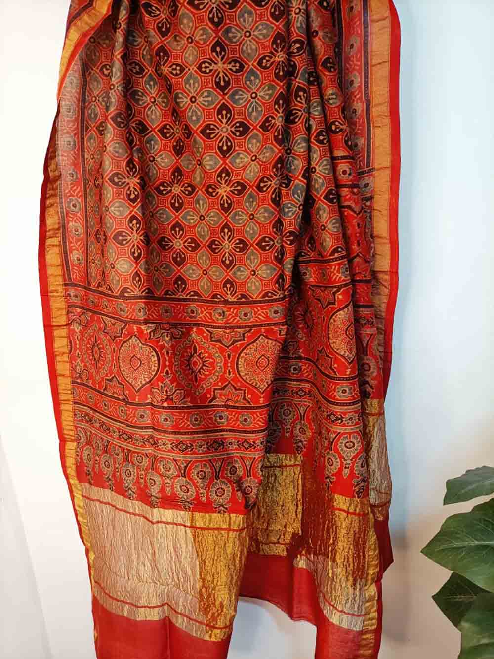Red Ajrakh Block Printed Chanderi Silk Tissue Border Dupatta - Luxurion World
