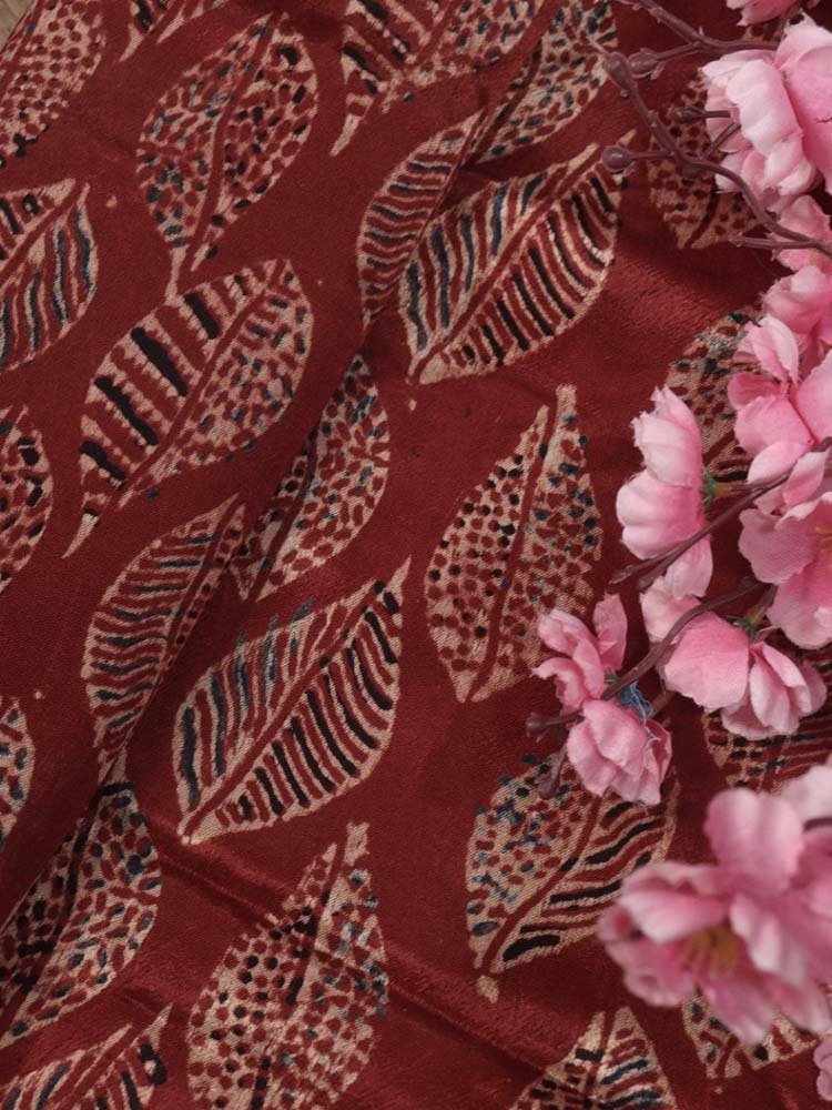 Red Ajrakh Block Printed Mashru Silk Fabric ( 1 Mtr )