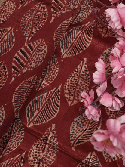 Red Ajrakh Block Printed Mashru Silk Fabric ( 1 Mtr ) - Luxurion World