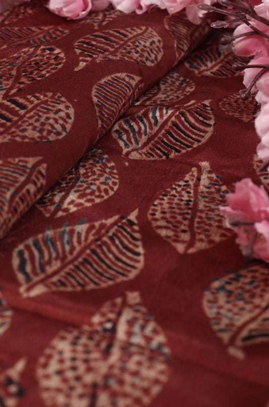 Red Ajrakh Block Printed Mashru Silk Fabric ( 1 Mtr ) - Luxurion World