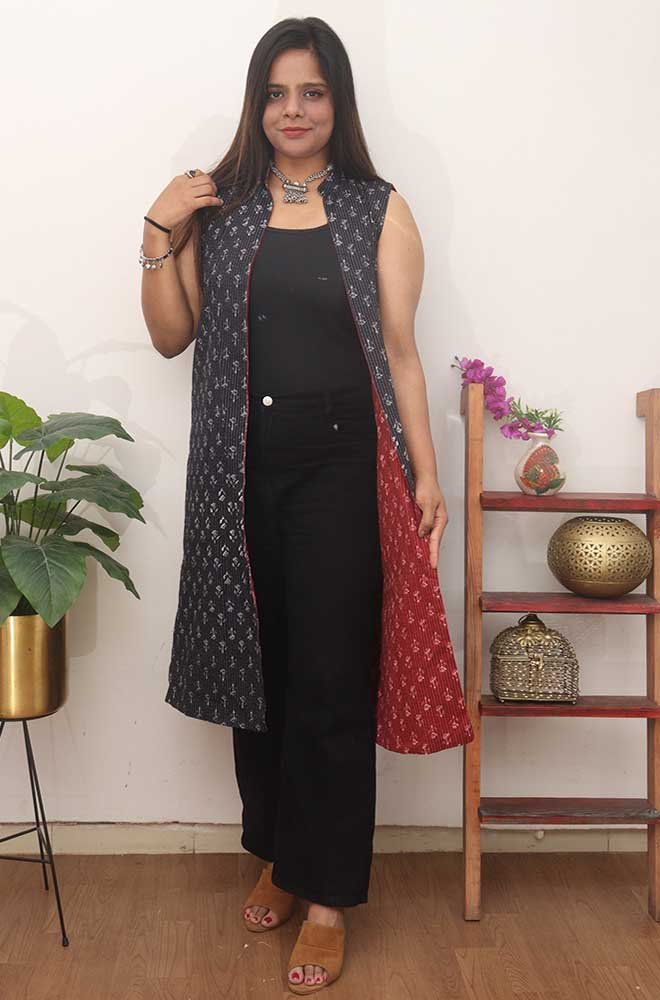 Red And Black Block Printed Pure Cotton Reversible Long Jacket - Luxurion World